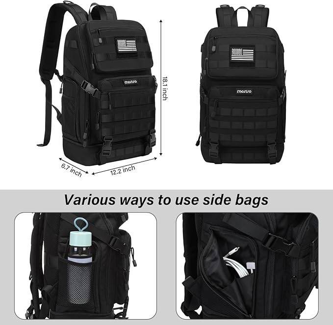 MOSISO 23L Tactical Backpack with Bottom Insulated Cooler Military Daypack 3 Day Assault Pack Army Rucksack Bug Out Bag with USA Flag Patch for Men Women Sport Outdoor Hiking Camping Training Black