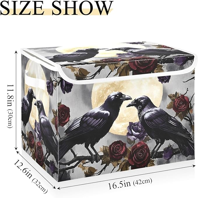 Crows Branch Rose Large Storage Bins with Linen Foldable Storage Cubes Fabric Closet Organizer Containers box with Flip-Top Lid for Home Office 16.5 x 12.6 x 11.8 IN