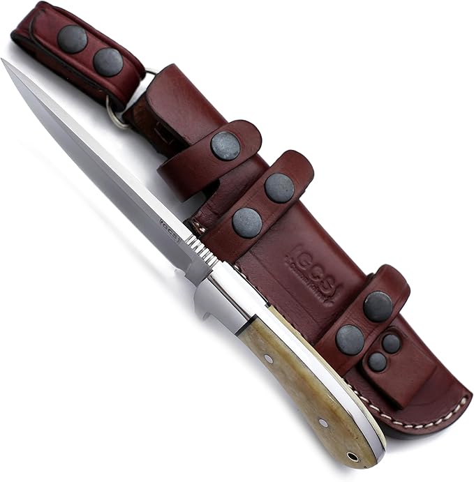 GCS Handmade Camel Bone Handle D2 Tool Steel Tactical Hunting Knife with leather sheath Full tang blade designed for Hunting &amp EDC GCS 141