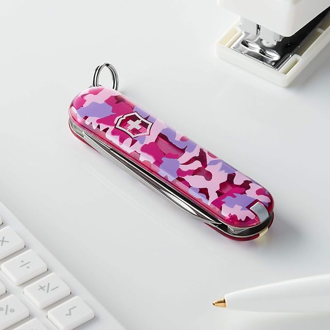 Victorinox Classic SD Swiss Army Knife Compact 7 Functions Swiss Made Pocket Knife with Small Blade Screwdriver and Key Ring - Pink Camouflage