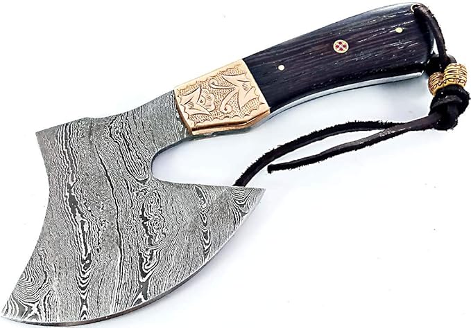 Dessi Handmade Damascus Steel Axe Hatchet Wenge Wood Handle Brass Engraved Bolster Leather Sheath Camping Bushcraft EDC Tomahawk Gift Men SM45