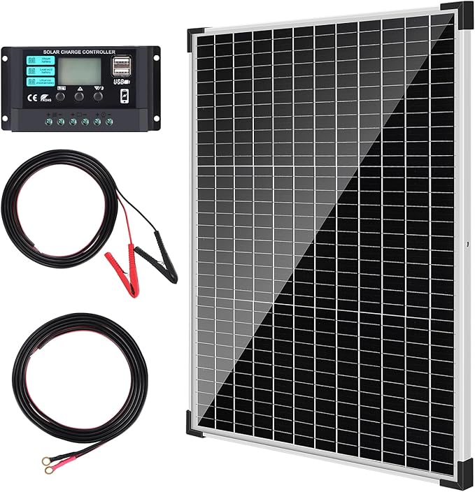TBER 50W/12V Solar Panel Kit with 10A Charge Controller Monocrystalline Solar Battery Trickle Charger Maintainer for Automotive Motorcycle Boat Marine RV Camping RV Farm Other Off-Grid Applications