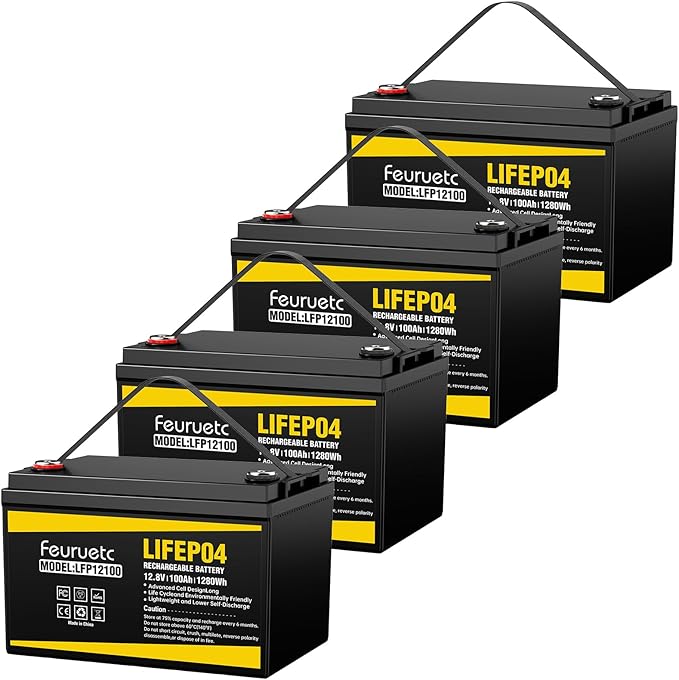 12V 100Ah LiFePO4 Battery - Small RV Battery with 100A BMS 15000+ Deep Cycles Solar Energy Storage Lithium Phosphate Batteries for Home Motor Travel Trailer Camping Off-Grid Power (4PC)
