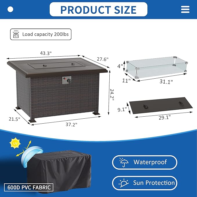 Kullavik 43 Propane Fire Pit Table55000 BTU Auto-Ignitiongas Gas Fire Table with Fire Glass and LidWaterproof Cover and Blue Glass Stone for PatioBalconyGarden