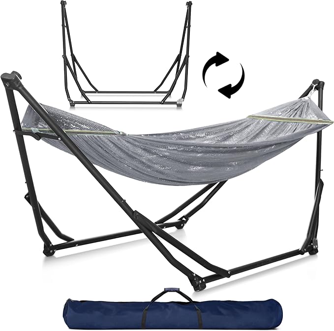 Tranquillo UniGen Hammock Hammock Stands Heavy Duty Indoor/Outdoor Hammock with Signature Steel Stand 600lbs Premium Foldable Durable 2-Layered Soft Polyester Grey