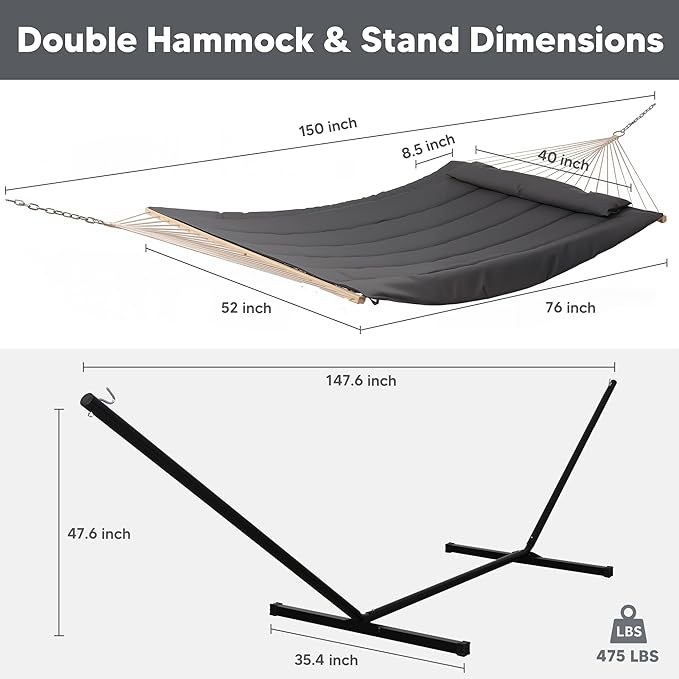 SUNCREAT Double Outdoor Hammock with Stand Two Person Cotton Rope Hammock with Polyester Pad Dark Gray