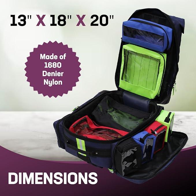 Kemp USA Premium Ultimate EMS Backpack for Men - Tactical Backpack Made with 1680 Denier Nylon - First Aid Kit EMS Bag with Multiple Pockets and Pouches - with D Tank Cylinder Straps (Premium Navy)