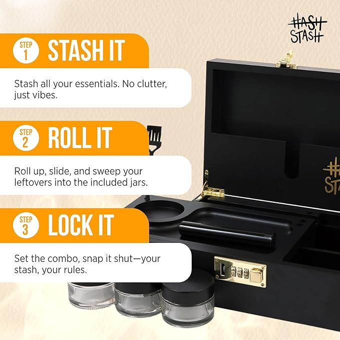 HASHSTASH The OG Storage Box - Large Bamboo Box with Combination Lock Magnetic Lid Organizer Tray Airtight Tube and 3 Jars - Discreet Decorative Locking Wooden Box with Accessories (Black/Gold)