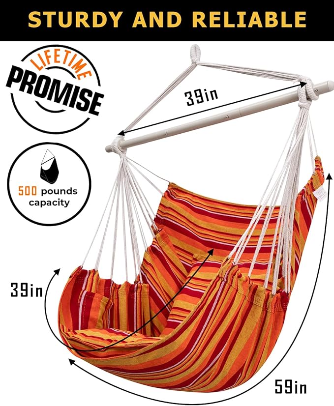 ADVOKAIR Hammock Chair Hanging Chair Swing Large Indoor with Anti-Slip Steel Spread Bar and Pocket-Max 500lbs-2 Cushions Perfect for BedroomOutdoorPatio PorchBackyard…