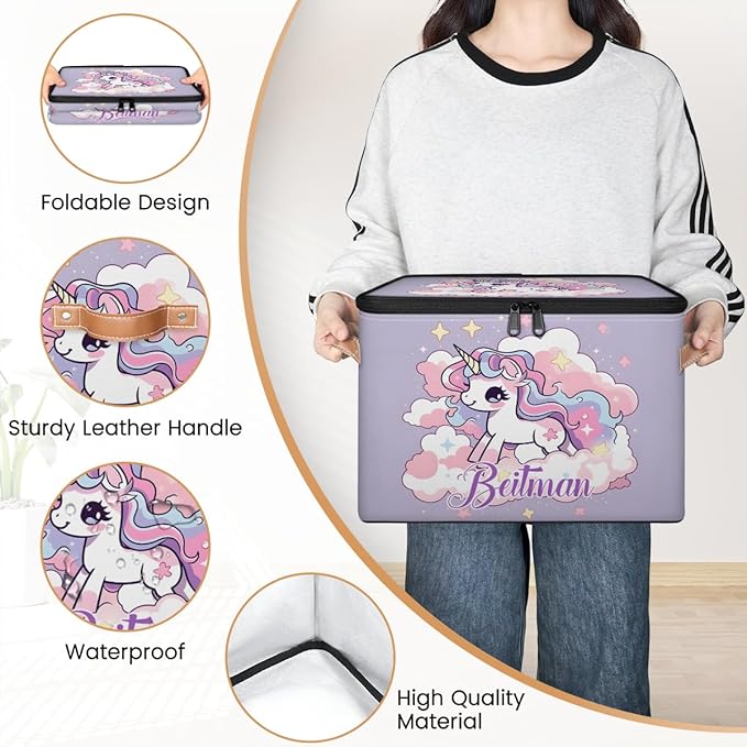 Storage-Bins with Lids Handle Customized Stackable-Storage-Bin for Kids-Boys-Girls-Toys Cube Collapsibl Basket Purple Unicorn