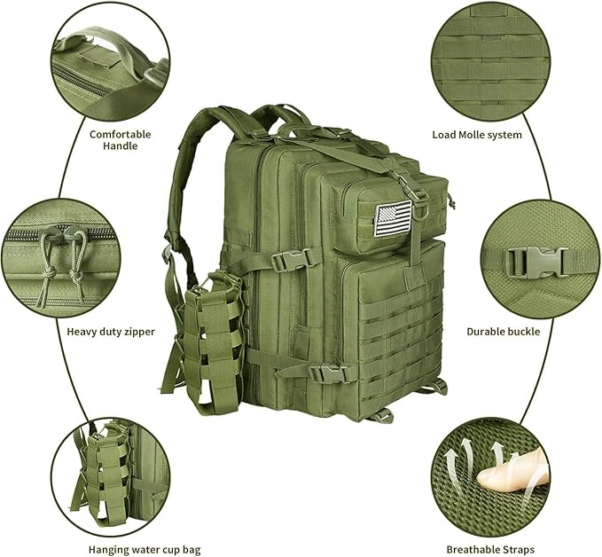 45L Military Tactical Backpack For Men Highland Assault Large Army Pack 3 Day Molle Bug Out Bag With Water Cup Bag Outdoor Camping Hiking Daypack Green Rucksack
