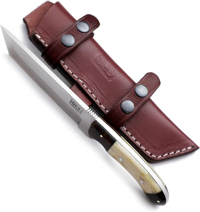GCS Handmade Camel Bone Full Tang Handle D2 Tool Steel Blade for Hunting Camping and EDC Knife with Leather Sheath - GCS 1