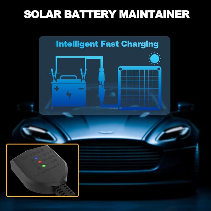 OYMSAE 12V 7.5W Solar Trickle Charger &amp Maintainer - Waterproof Battery Charger with Smart Controller for Car Boat RV Truck Marine - Includes Cigarette Plug &amp Alligator Clips