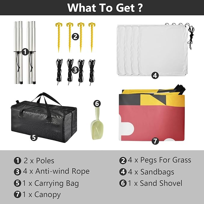 Maryland State Flag Md Beach Cabana UPF50 Waterproof Sun Shelter with Sturdy Poles Sandbags and Shovel for Camping Picnics Backyard &amp Fishing