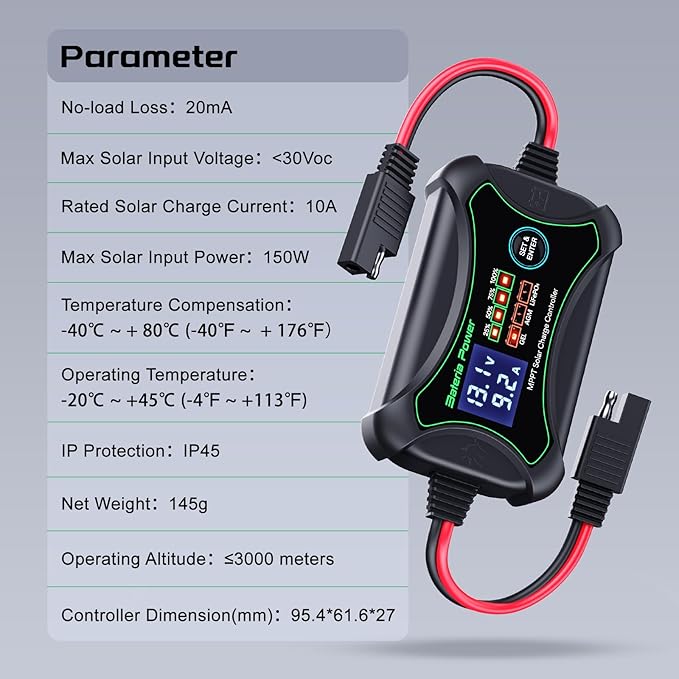 10A MPPT Wireless Solar Charge Controller with BT Bateria Power 12 Volt Phone APP Intelligent Control Solar Regulator with LCD Display LED Indicate Light for Gel AGM Lithium LiFePO4(Sunrock 10Pro)