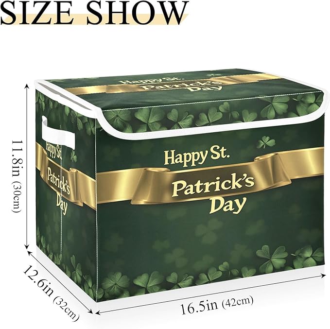 Storage Baskets with Lids Happy St. Patrick's Day Collapsible Bins Stackable Fabric Linen Baskets Closet Organizer Container 16.5x12.6x11.8