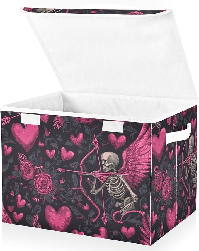 Valentine Skeleton Hearts Black Storage Box with Lid 1 PC Foldable Storage Bin with Lids Stackable Storage Bins Cube Closet Organizer Basket with Flip-Top Lid &amp Handles for Shoes Books Towels