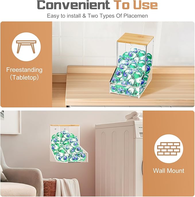 JYPS Laundry Pods Container Acrylic Dishwasher Pods Holder w/ 2 Lids Dispenser For Powder Dryer Balls Beads Soap Organizer For Room Desktop / Wall Mount Snack Candy Organization Storage