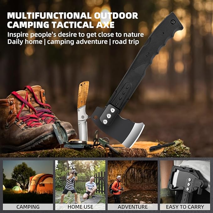 Multifunctional Hammer Head Axe Survival Tactical Tool - Folding Saw Flintstone Whistle with Axe Sheath - Camping Hatchet for Outdoor Hiking