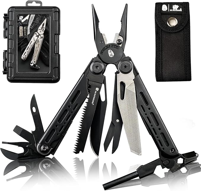HX OUTDOORS 19 In 1 Pocket Multi Tool Stainless Steel Multitools Pliers with Fire Starter and Glass Breaker Folding EDC Camping Survival Tools for Men (Black)