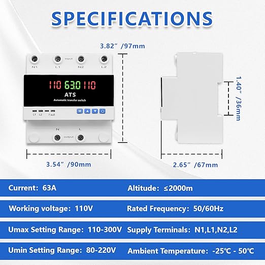 63A AC110V Automatic Transfer Switch with LED DisplayATS Dual Power Changeover Switch Over/Under Voltage &amp Overcurrent Protection 50/60Hz for Home Generatorwith Din Rail
