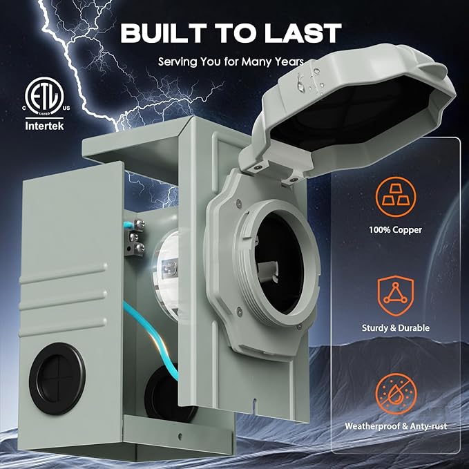Rophor 50 Amp Generator Cord and Pre-Drilled Power Inlet Box 15FT Heavy Duty NEMA 14-50P to SS2-50R Extension Cord Twist Locking with Inlet Box 125/250V 12500W ETL Listed for Outdoor Emergency Kit