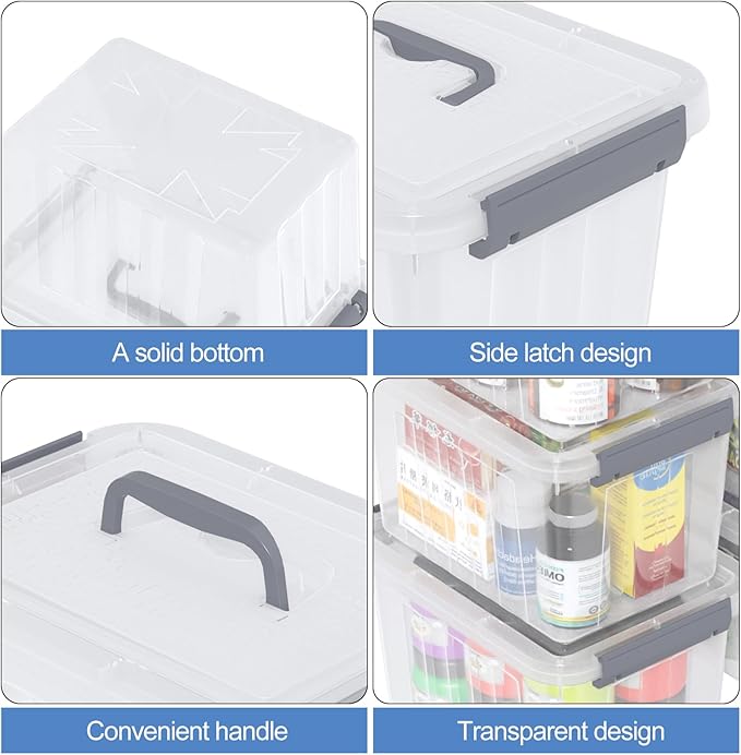 6 Quart Small Clear Latching Bins with Lids Plastic Storage Tote Box with Handle 6 Packs