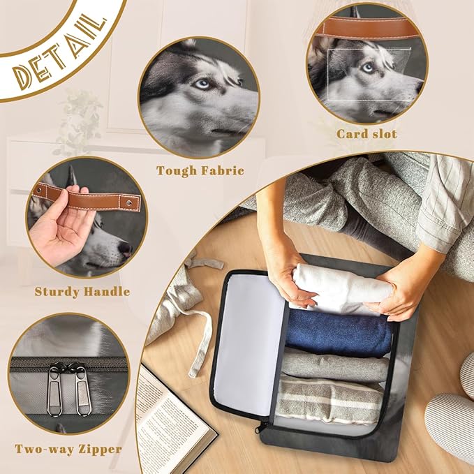 Husky Dog Storage Box with Lid Cute Pet Dog Collapsible Storage Bins Baskets Cubes Closet Shelf Clothes Organizer Containers with PU Leather Handles