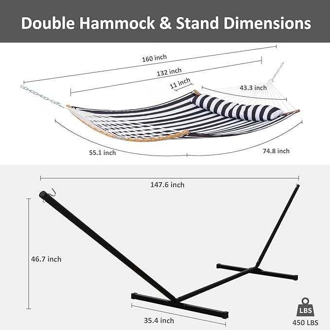 SUNCREAT Hammocks Extra Large Hammock with Stand Included Double Hammock with Curved Spreader Bar Black Stripes