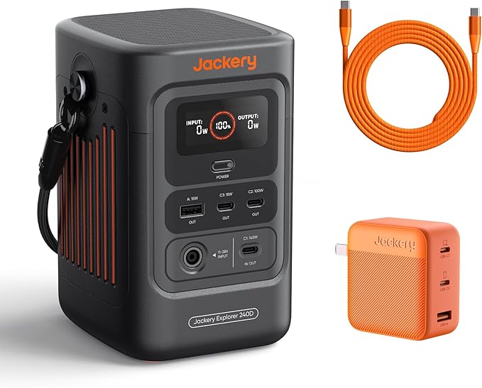 Jackery Portable Power Station Explorer 240D 256Wh Backup Lithium Battery with 102W GaN 3-Port Fast Charger
