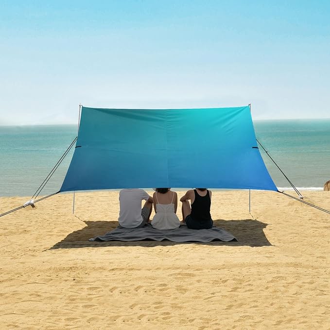 Astract Gradient Blue Shiny Beach Cabana UPF50 Easy Setup Portable Sun Shelter Includes Sand Shovel Sandbags Stability Poles for Camping Picnics Backyard