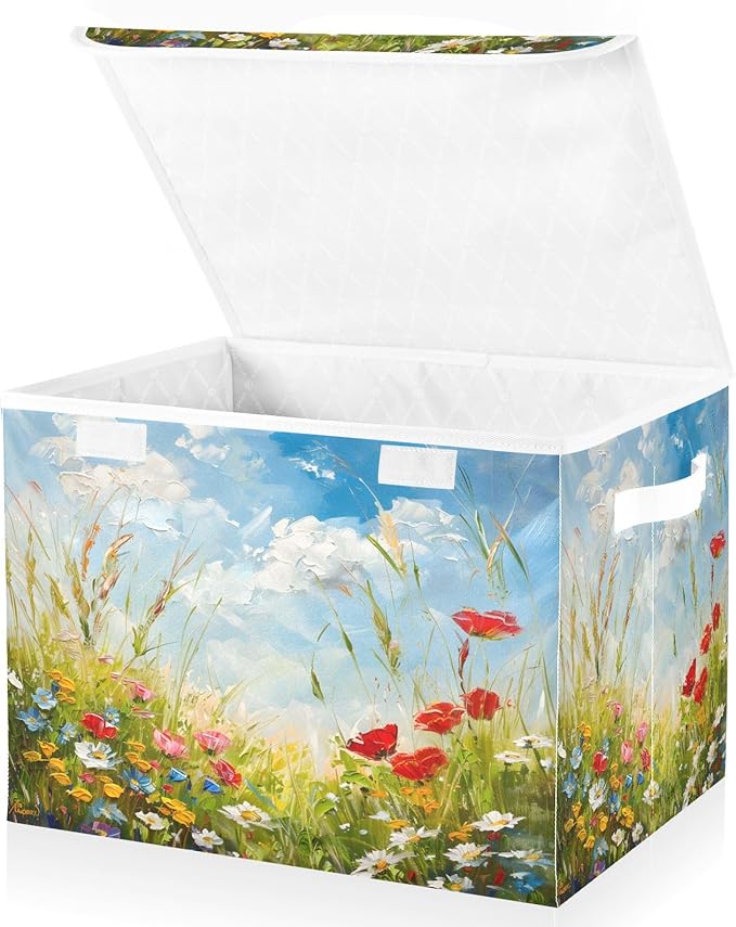 senya Large Storage Bins with Linen Oil Painting Flower Collapsible Foldable Storage Cubes Fabric Closet Organizer Containers Box with Flip-Top Lid for Home Bedroom Office 16.7 x 12.6 x 11.8in