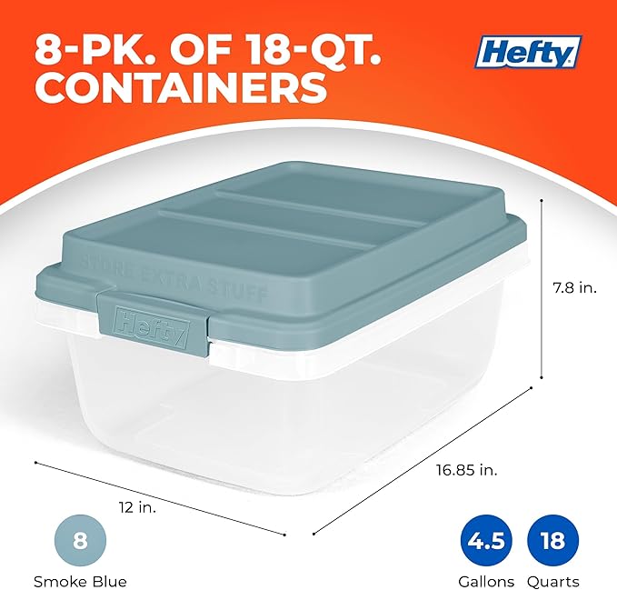 Hefty 18 Quart Hi-Rise Storage Bin with Lid Stackable Plastic Container for Home Office and Classroom Organization 8 Pack Smoke Blue