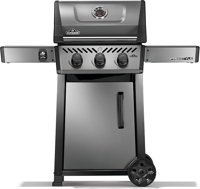 Napoleon Freestyle 365 Propane Gas Outdoor Grill Graphite Grey – 3-Burner BBQ with Porcelain Coated Cast Iron Iconic WAVE™ Cooking Grids