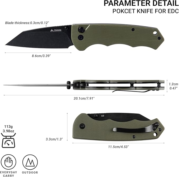 Pocket Knife - 3.39 EDC Knife D2 Blade Black Stonewashed Finish Folding Knife - G10 Handle with Thumb Stud - Pocket Knife for Men Women - Camping Hiking Survival Knife