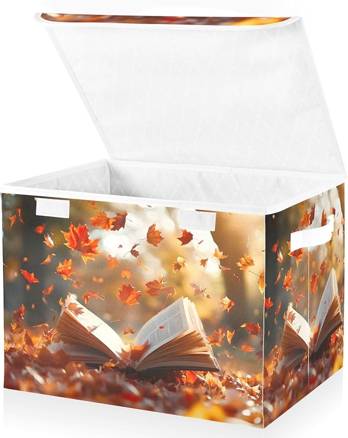 AIXIWAWA Lidded Storage Cube (Autumn Book) Fabric Foldable Closet Bins with Flip Lid and Handles Organizer Basket Container 16.5 x 12.6 x 11.8 IN