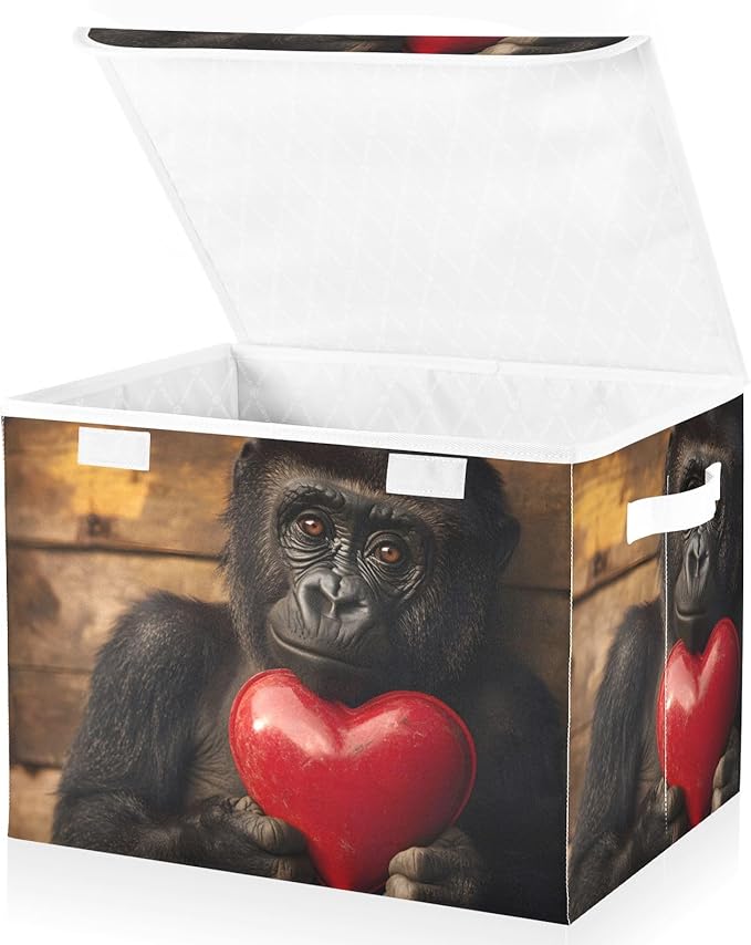 AIXIWAWA Lidded Storage Cube (Gorilla with Heart) Fabric Foldable Closet Bins with Flip Lid and Handles Organizer Basket Container 16.5 x 12.6 x 11.8 IN
