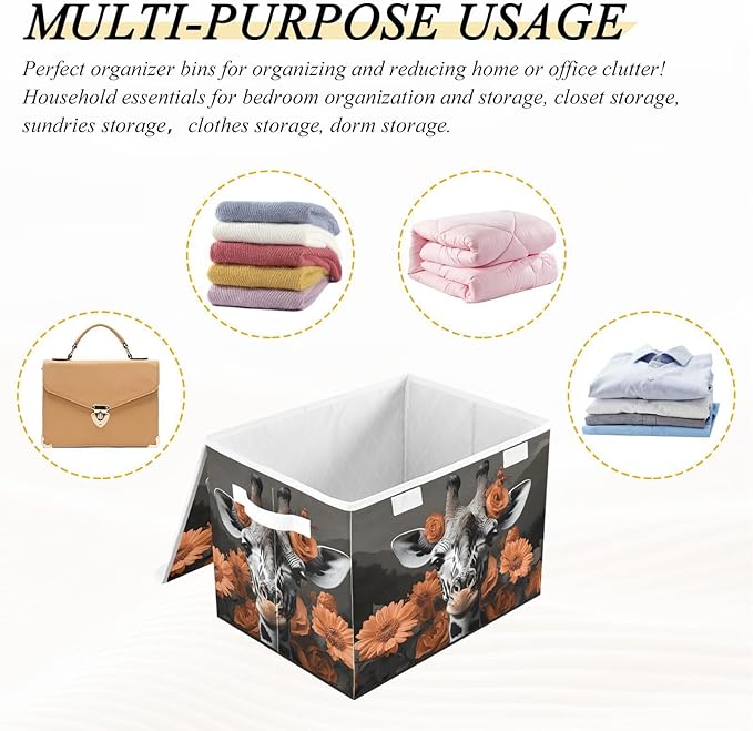 AIXIWAWA Lidded Storage Cube (Orange Floral Giraffe) Fabric Foldable Closet Bins with Flip Lid and Handles Organizer Basket Container 16.5 x 12.6 x 11.8 IN