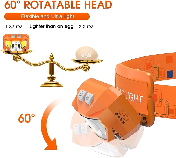 LHKNL Headlamp Flashlight Lumen Ultra-Light Bright LED Rechargeable Headlight with White Red Light2-Pack Waterproof Motion Sensor Head Lamp8 Mode for Outdoor Camping Running Fishing- Orange