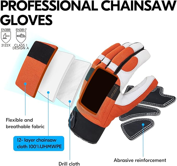 Vgo... 1Pair Chainsaw Gloves 12-Layer Chainsaw Protection on Left Hand BackGoat leather Work Gloves Mechanic Gloves