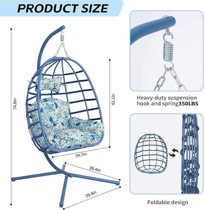 Hanging Egg Chair with Stand Outdoor Indoor Patio Rattan Swing Hammock Chairs with Washable Cushion 350lbs Capacity PE Wicker Swing Chair for Backyard Bedroom Garden (Blue + Floral Cushion)