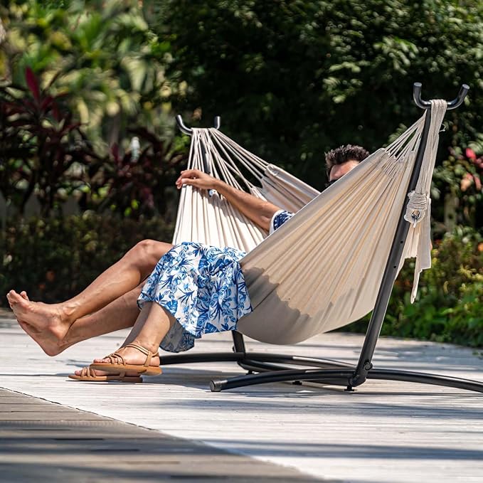 Lazy Daze Hammocks Double Hammock with 9ft Space-Saving Steel Stand Includes Portable Carrying Case 450 Pounds Capacity (Natural)