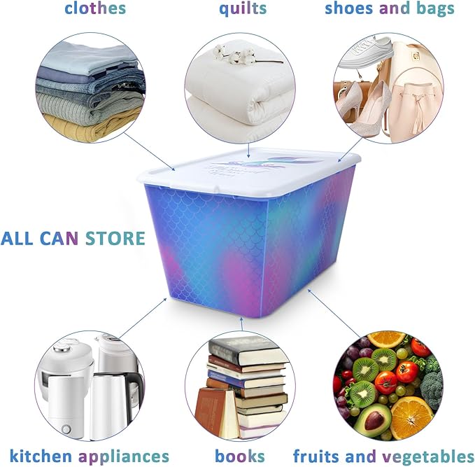 Storage Organizer Bins with Lids - 4PC 58QT Heavy-Duty Container Boxes Stackable and Nestable Storage Bins Plastic Large Storage Totes Rainbow Mermaid Bins for Home Office and Garage