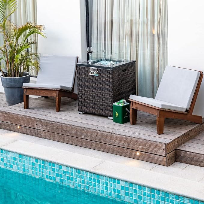 24in Outdoor Propane Gas Fire Pit Table 40000 BTU Auto-Ignition Gas Firepit with Glass Wind Guard Marble Tile Tabletop Mixed Color Glass Rocks Brown PE Rattan