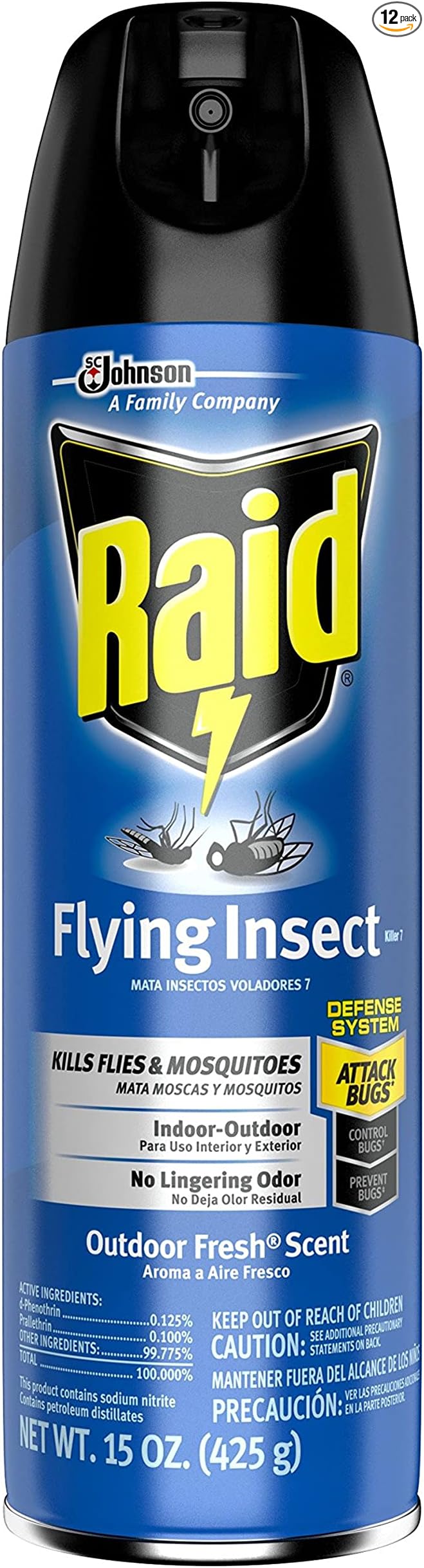 Raid Flying Insect Killer Mosquito and Fly Control No Lingering Chemical Odor Outdoor Fresh Scent 15 Ounce (Pack of 12)
