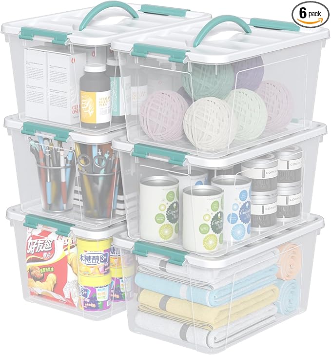 14 Quart Clear Storage Boxes with Handles Plastic Latching Bins with Lids 6 Packs