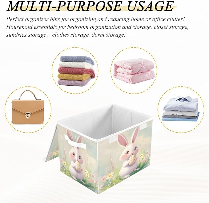 Christmas Storage Baskets with Lids Cute Rabbit Easter Collapsible Bins Stackable Fabric Linen Baskets Closet Organizer Container 16.5x12.6x11.8