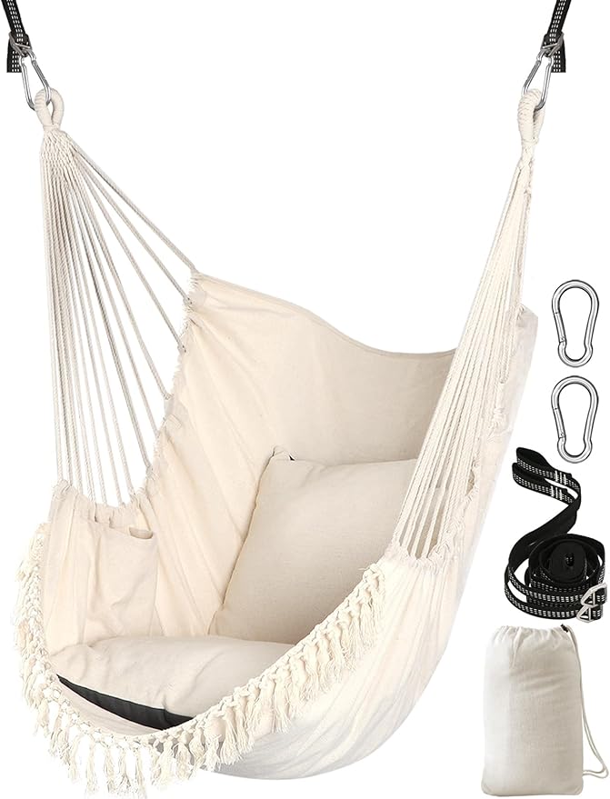 Chihee Hammock Chair Hanging Swing 2 Pillows IncludedStrong Webbing Straps and Hooks for Easy Hanging Soft Cotton Hanging Chair Side Pocket Tassel Chair Comfort Indoor Outdoor