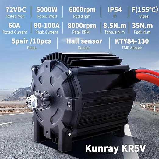 Kunray 72V 5000W Electric Brushless DC Motor Kit Temperature Sensing Motor Electric Go Kart Motor 6800RPM High Speed Motor 100A 24 Mosfet Controller for Razor Dirt Bike Electric Motorcycles(72V5000W)