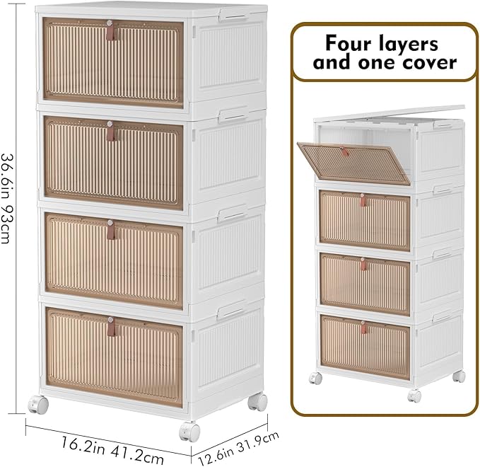 4 Tier Plastic Storage Bins with Lid 28QT - Stackable Wheeled Collapsible Storage Containers for Living Room Office Dorm